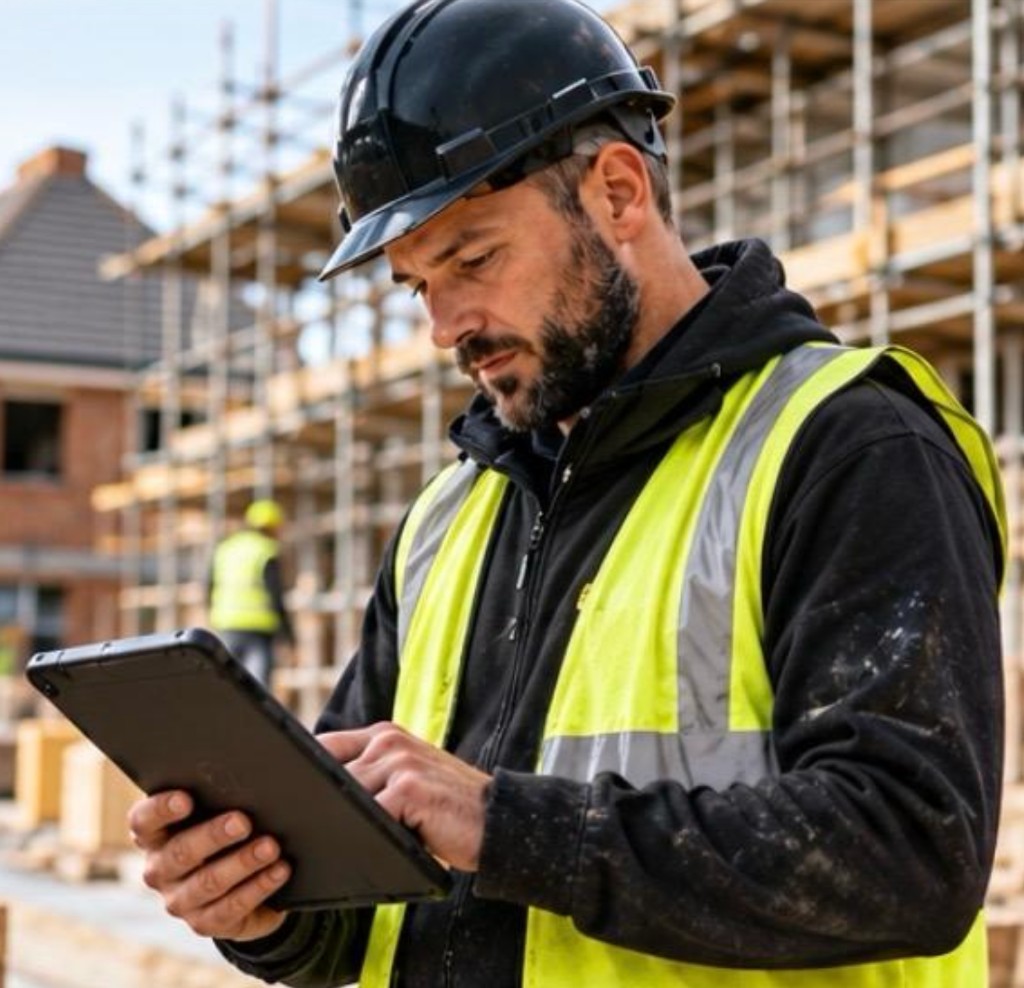 Construction workers reviewing work on site