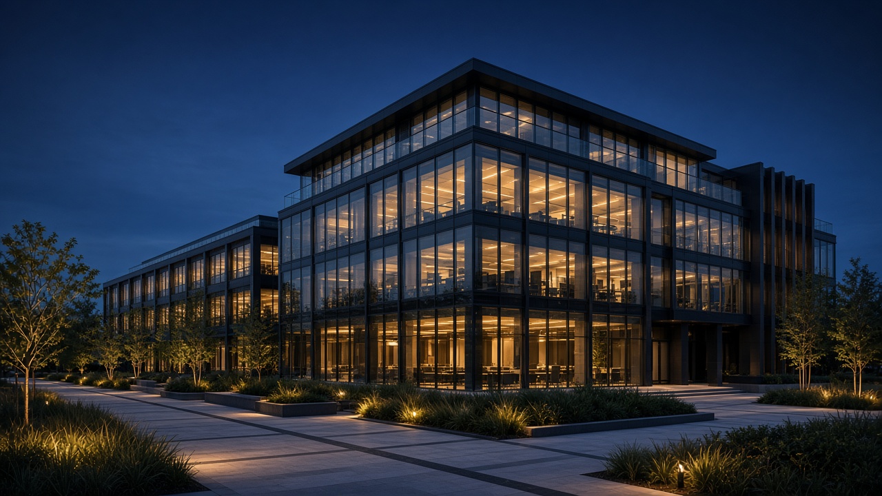 A contemporary commercial building at dusk
