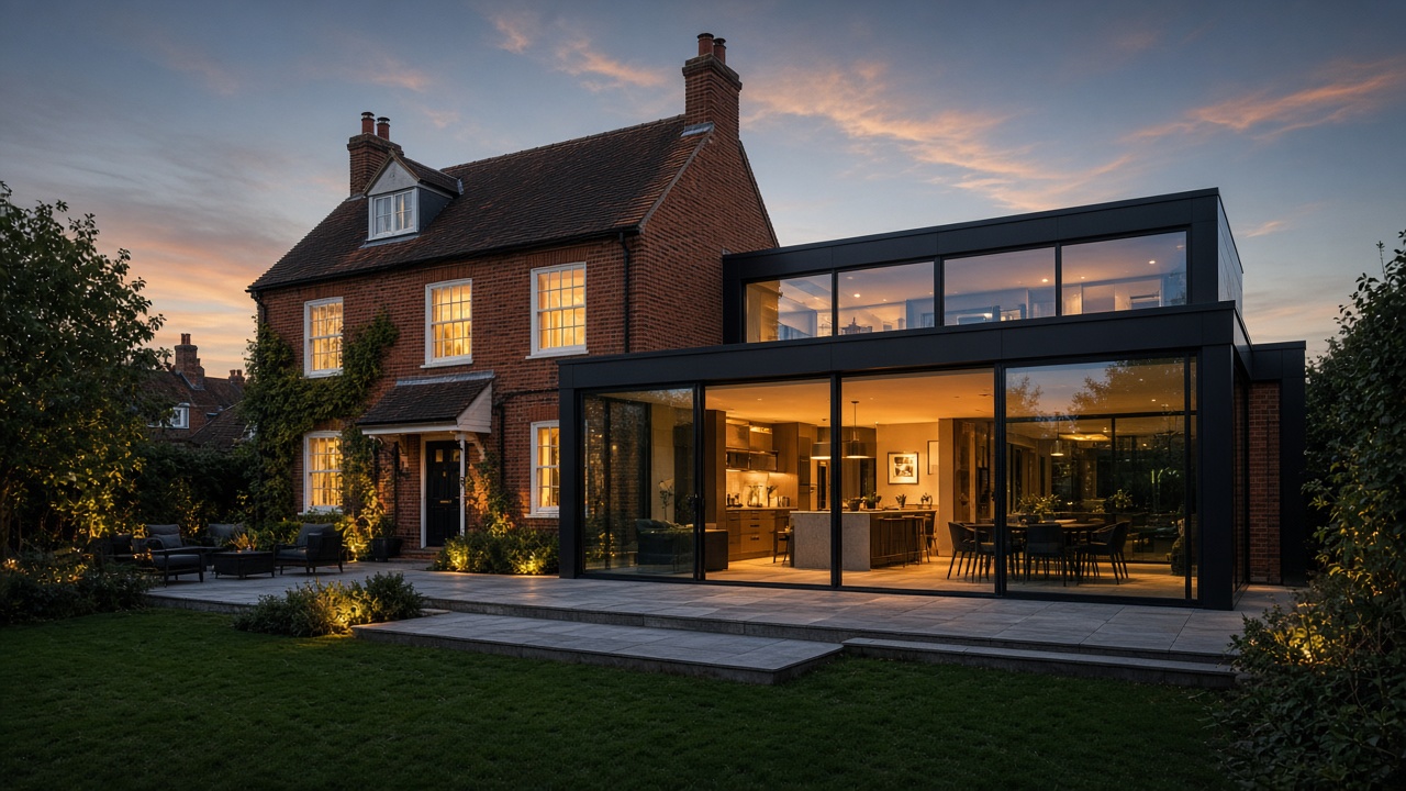 A brick house with a glazed rear extension at dusk