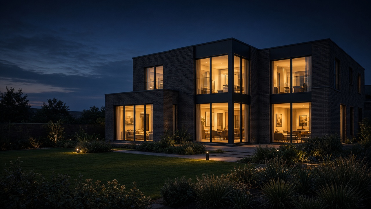 A contemporary new-build home at dusk with the interior lights on