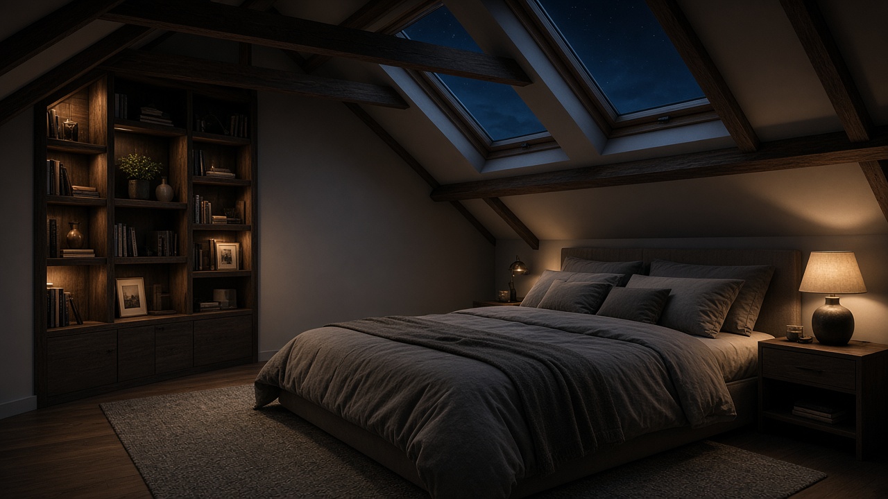 A finished loft conversion bedroom with skylights