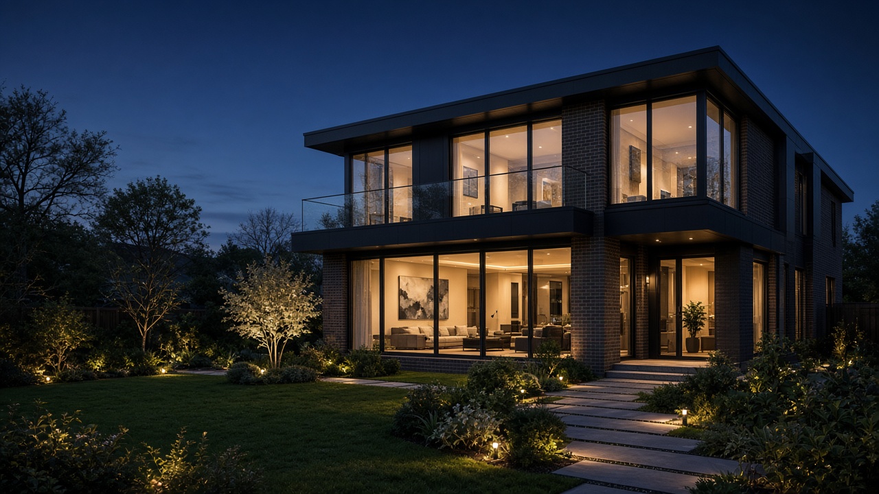 A contemporary new-build house at dusk