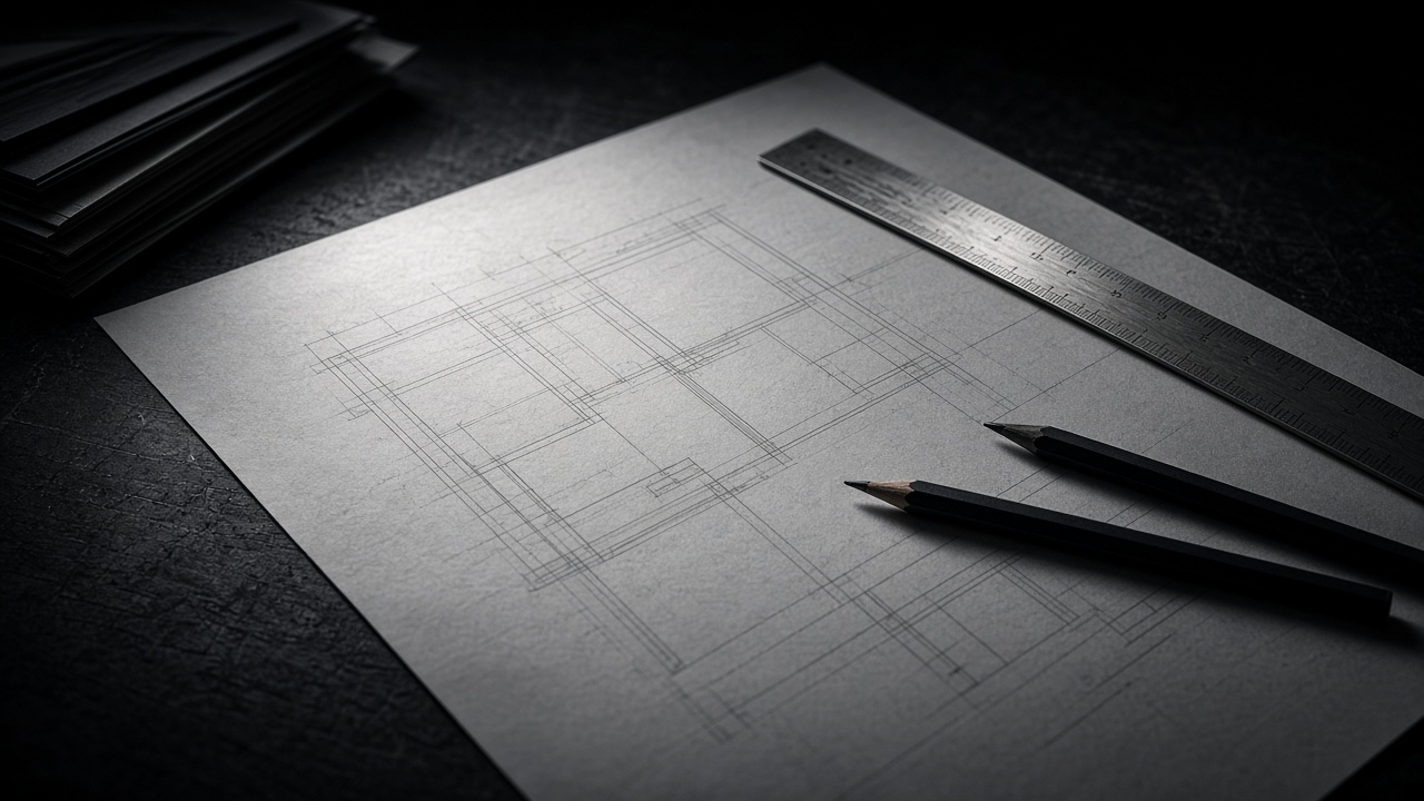 Architectural drawings with a scale ruler and pencils