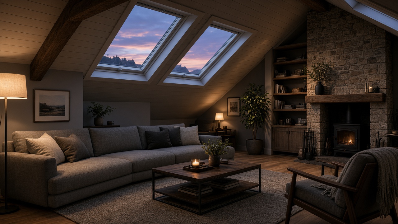 A finished loft living space with skylights