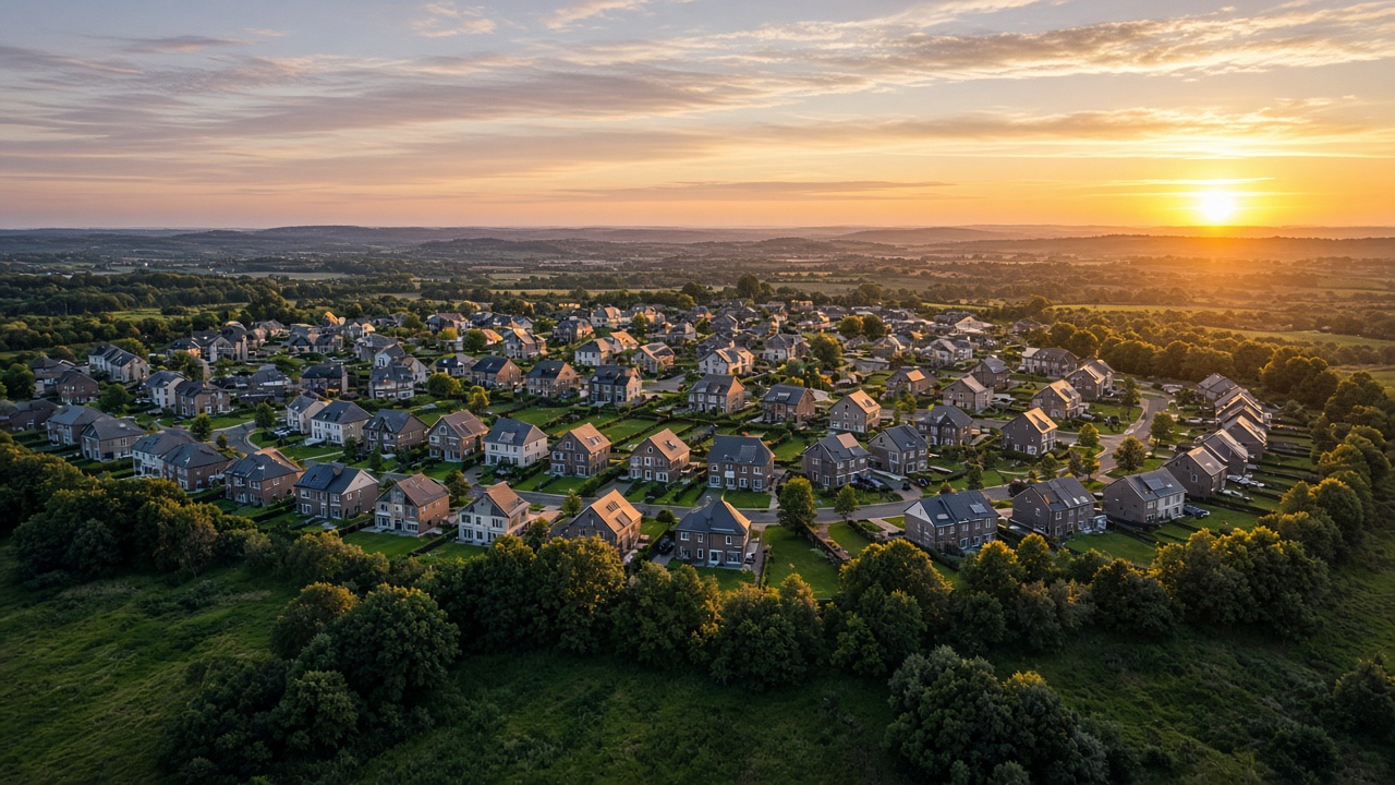 A new housing estate in the English countryside at sunset