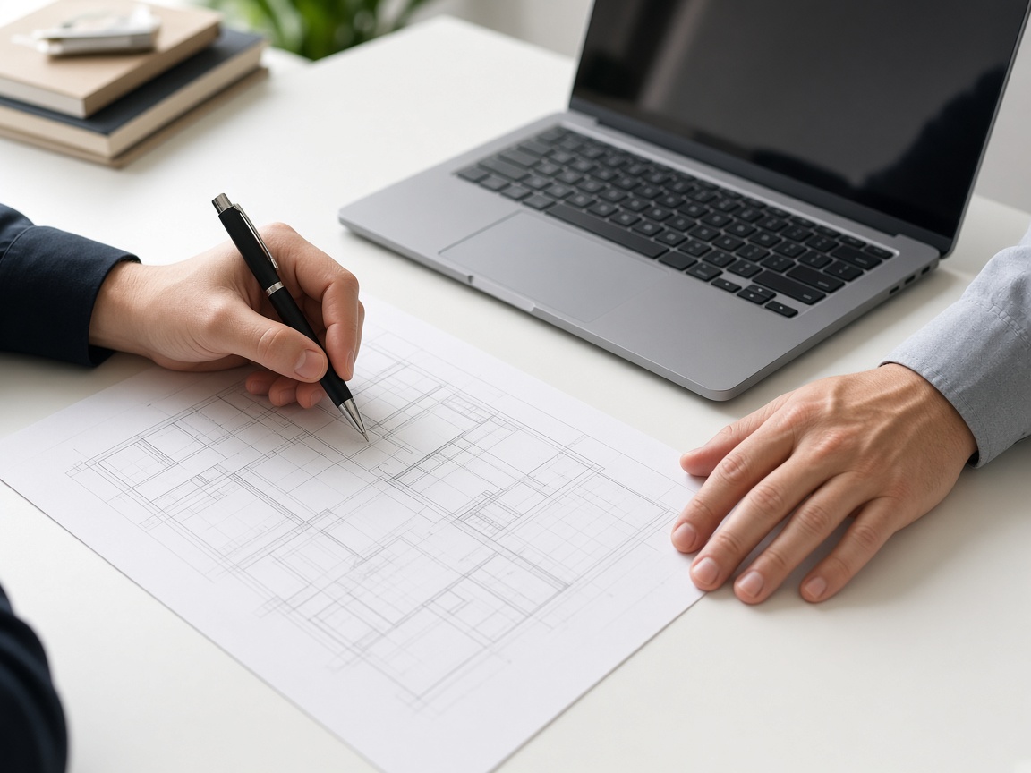 Plans and a laptop on a desk during a consultancy meeting
