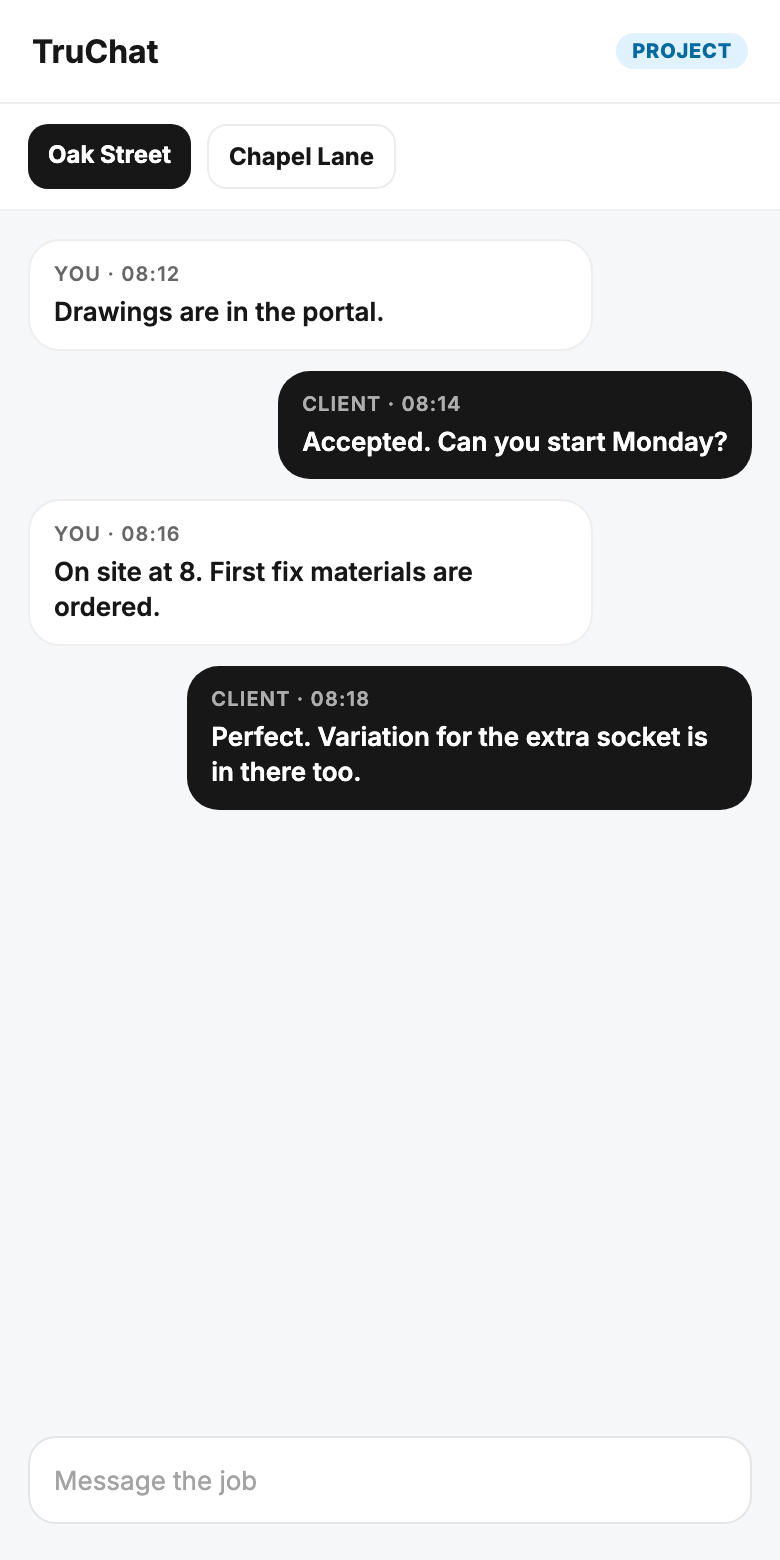TruChat on a phone, with the job conversation between builder and client
