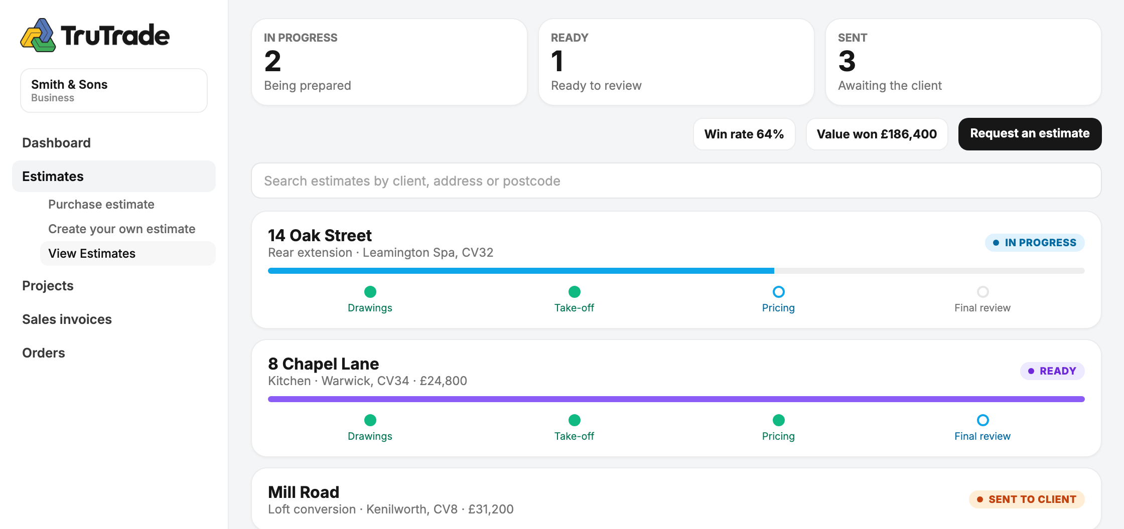 The TruTrade estimates screen, listing jobs with their price and status