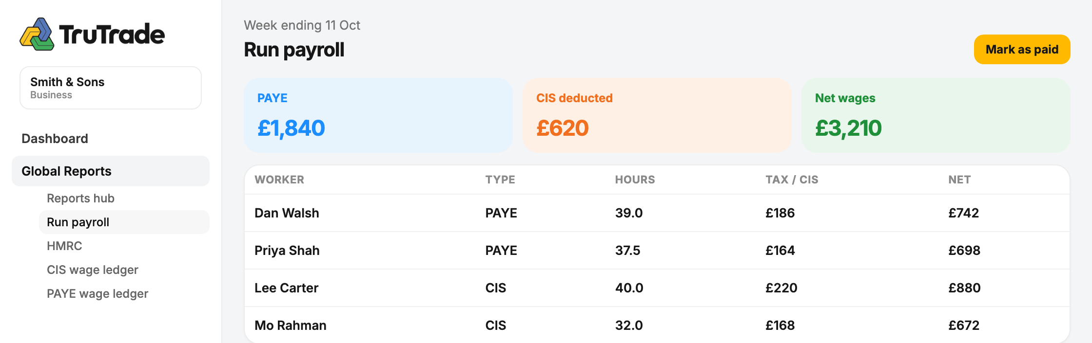 Run payroll in TruTrade, with PAYE, CIS and net wages for the week