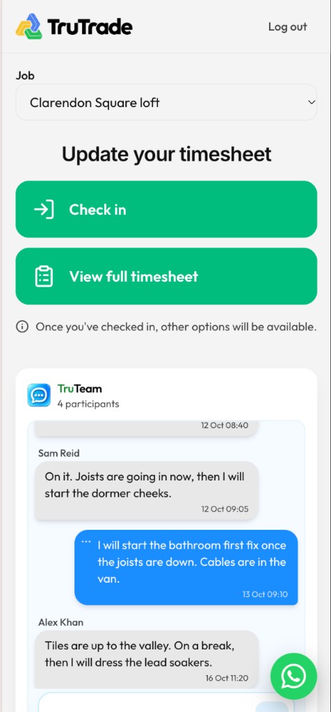 Check in on site and open your timesheet in TruTrade on a phone