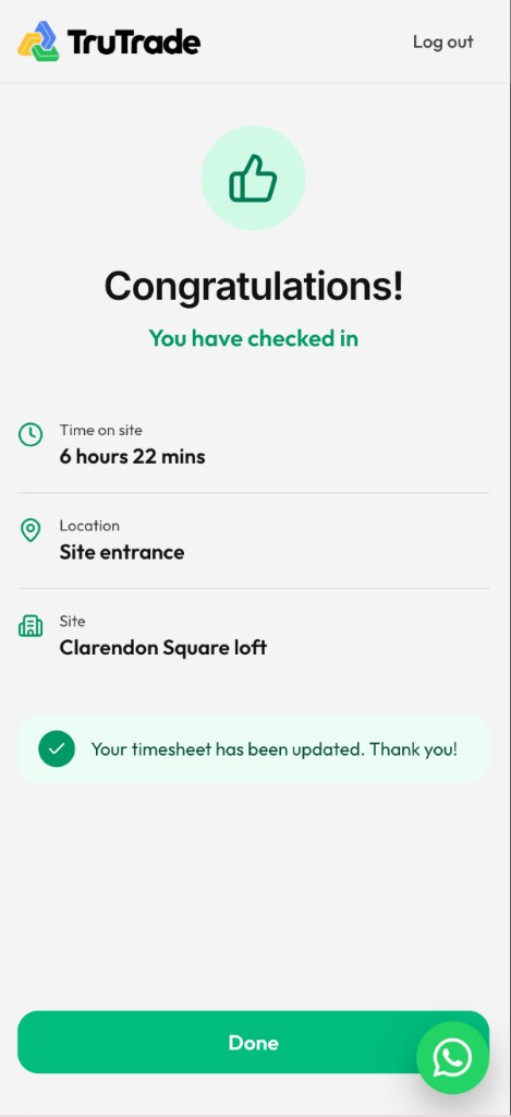 Check-in confirmation with time on site in TruTrade on a phone