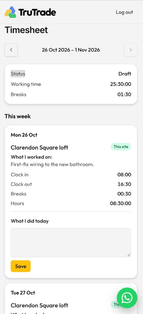 Weekly timesheet with hours against the job in TruTrade on a phone