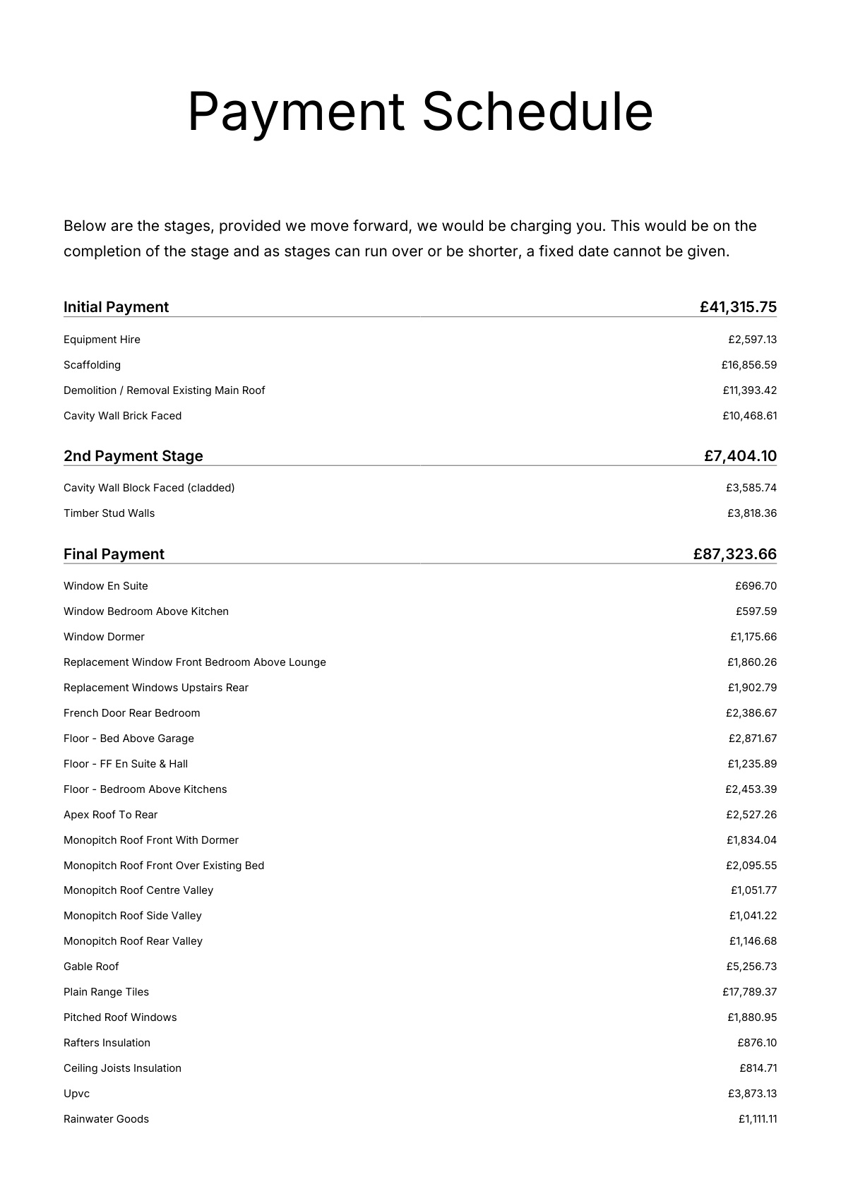 The project stages page of a TruTrade quote pack