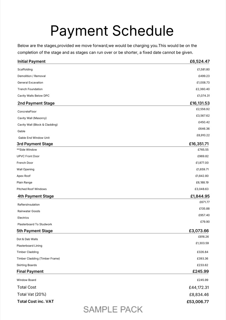 Quote pack payment schedule