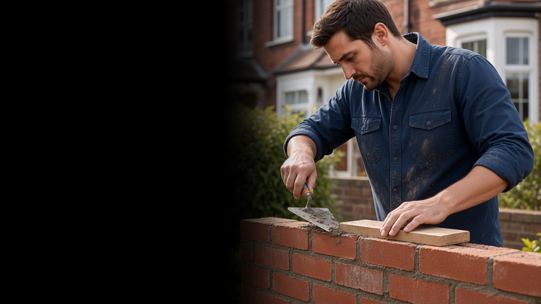 A bricklayer laying facing bricks on a garden wall