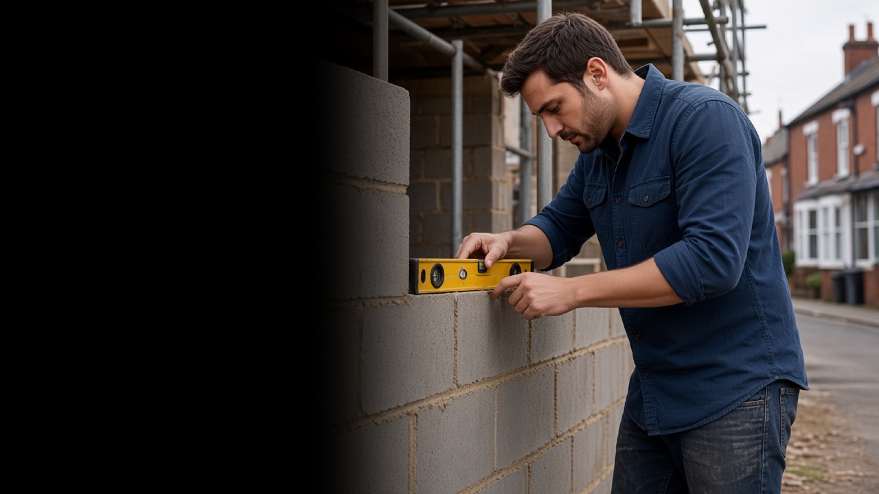 A builder checking a blockwork wall on a UK street