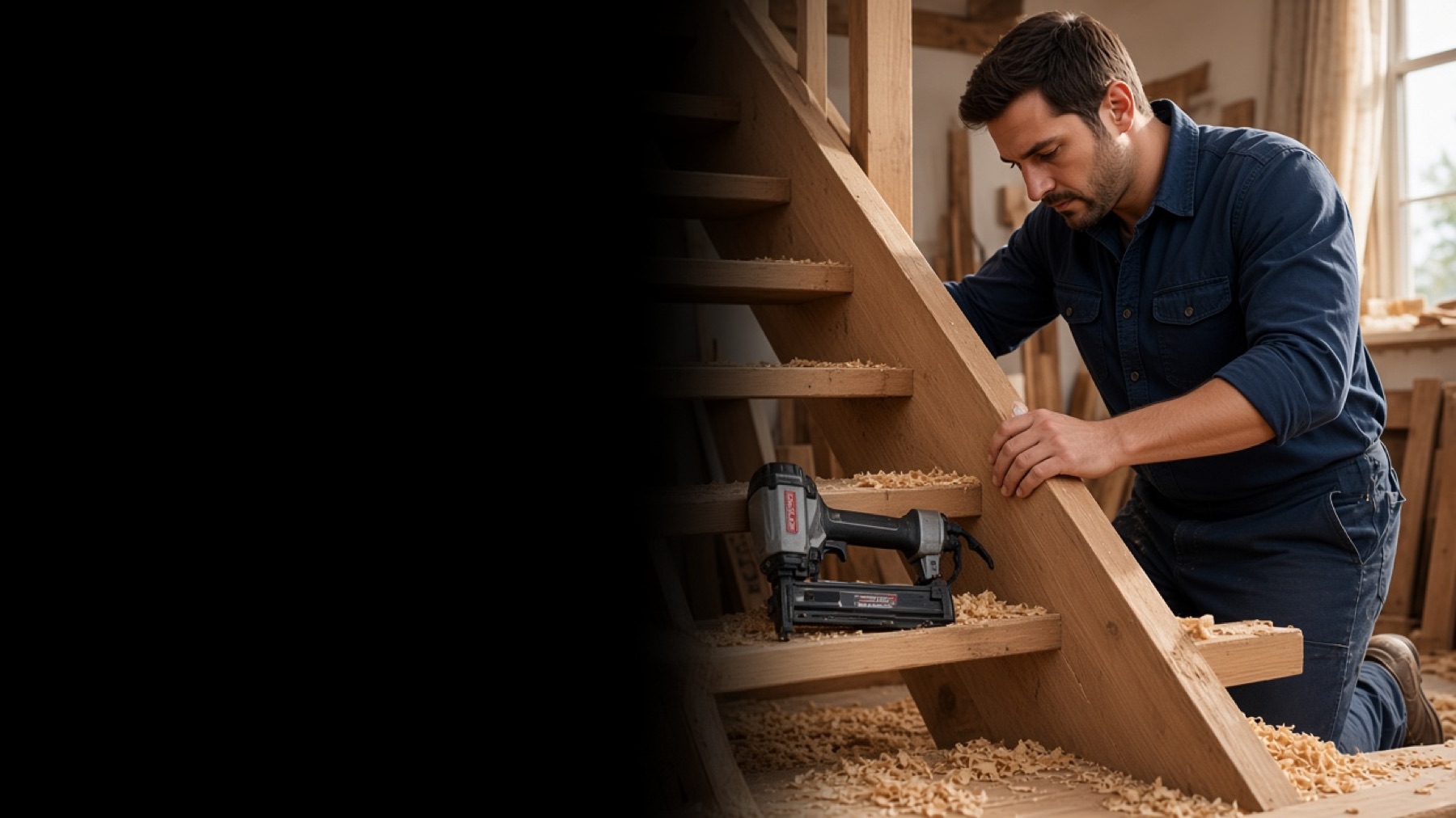 A carpenter fitting a timber staircase