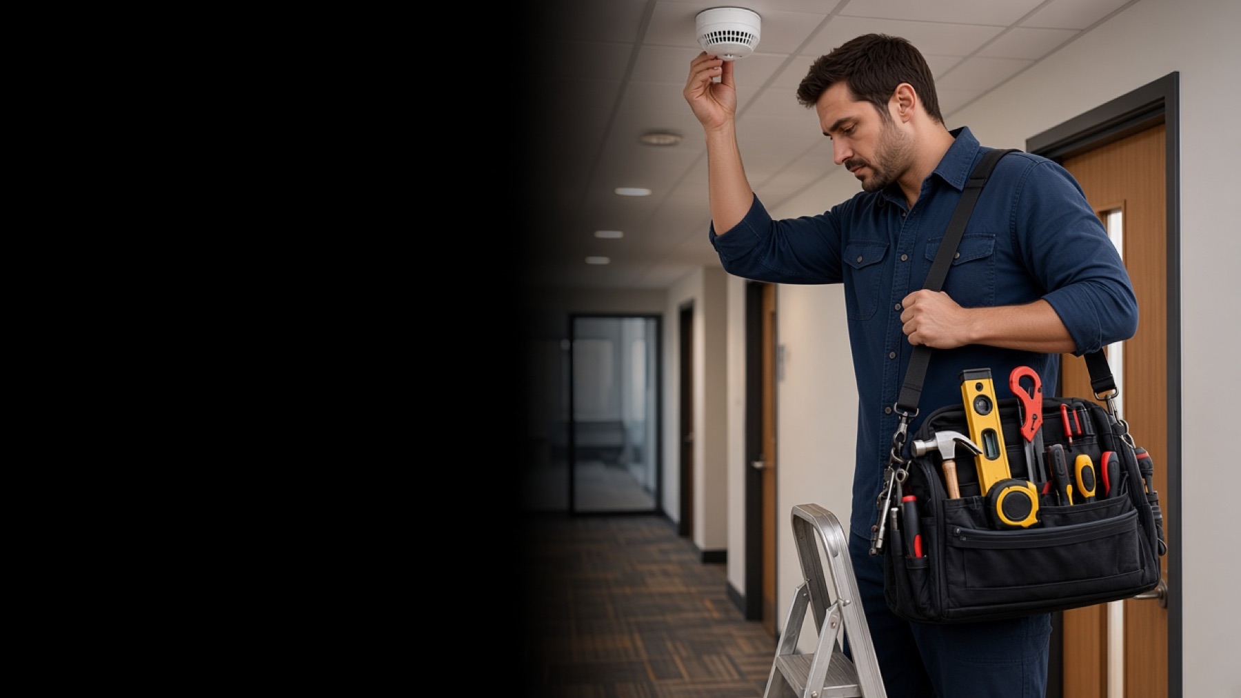 A fire alarm engineer testing a ceiling detector