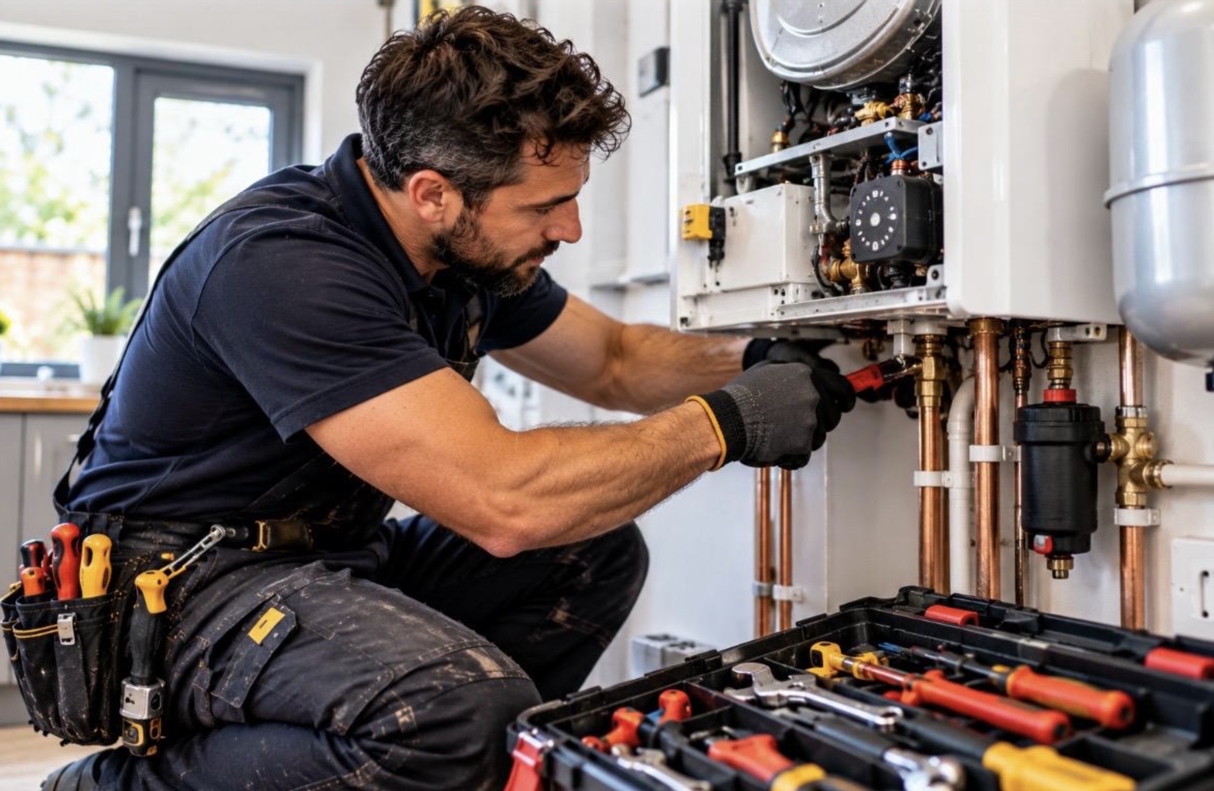 A heating engineer servicing a wall-mounted boiler with copper pipework