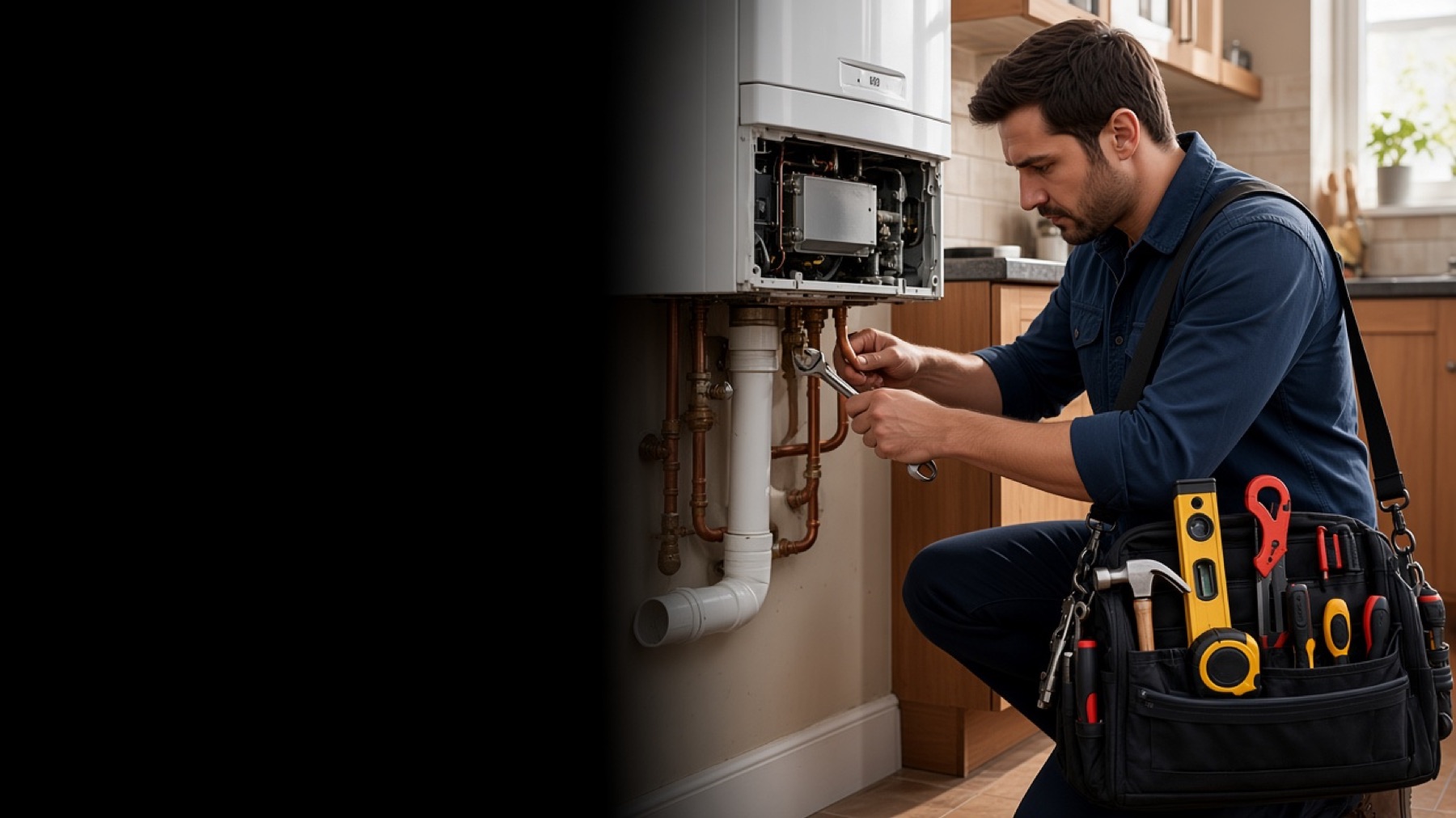 A heating engineer working on a boiler in a UK kitchen
