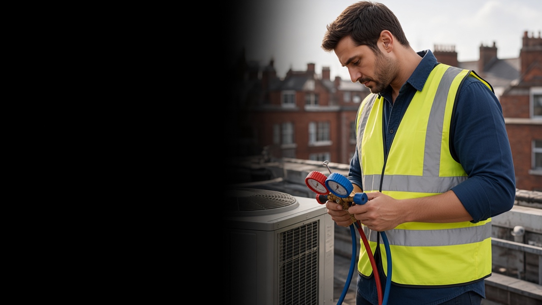 An HVAC engineer with gauges beside rooftop plant