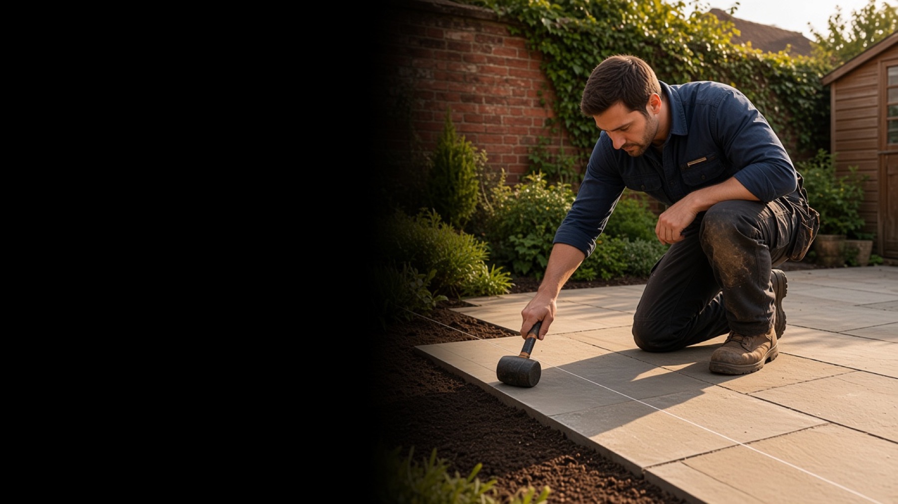 A landscaper laying patio slabs in a British garden