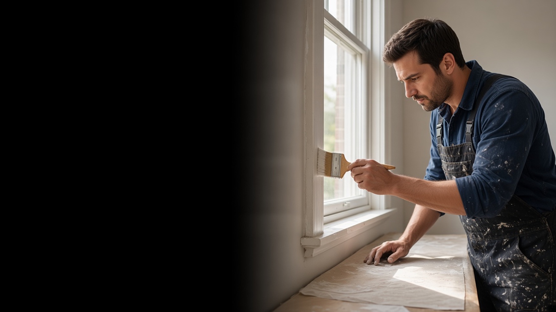 A decorator cutting in paint around a sash window