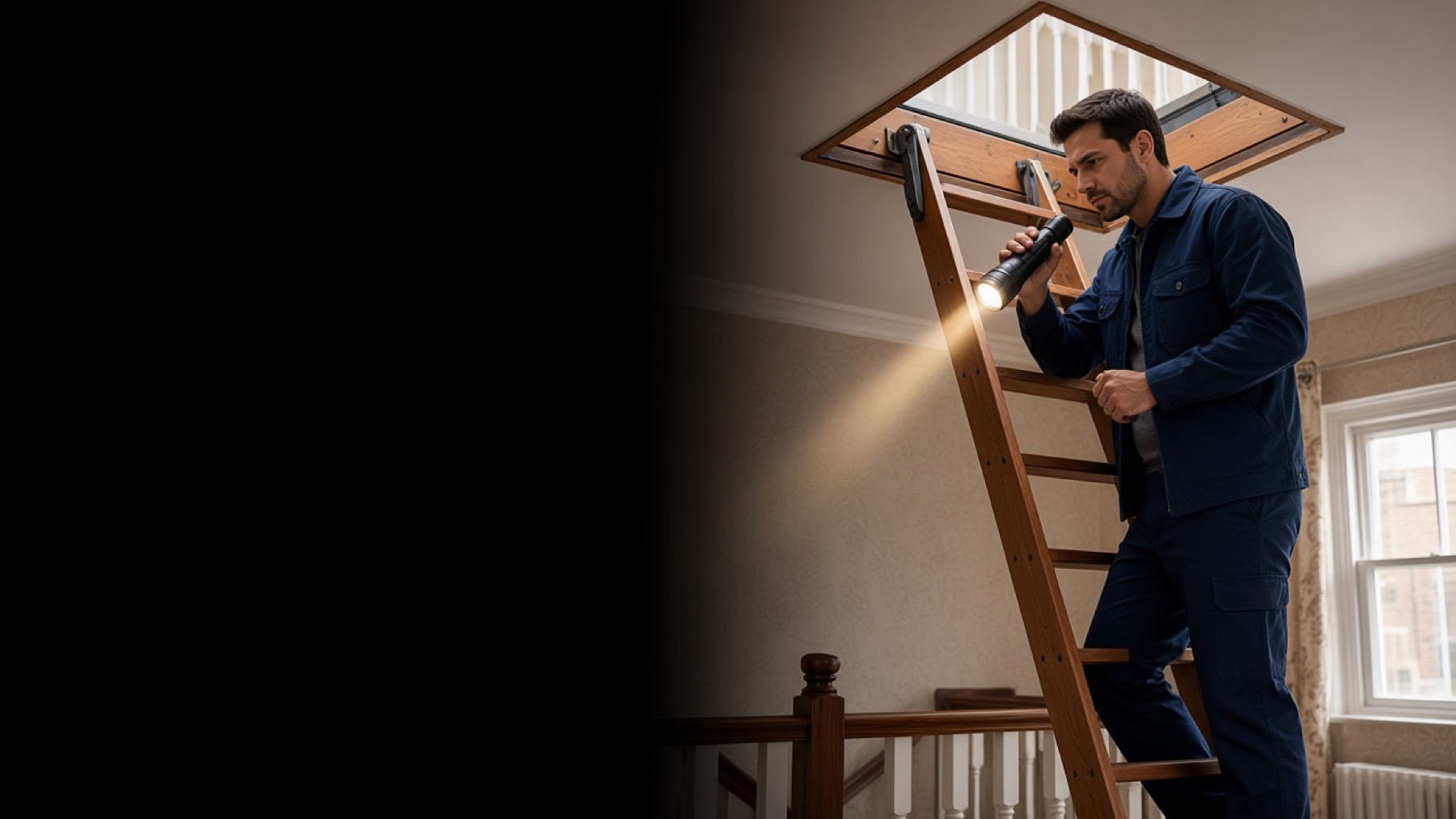 A pest control technician checking a loft with a torch