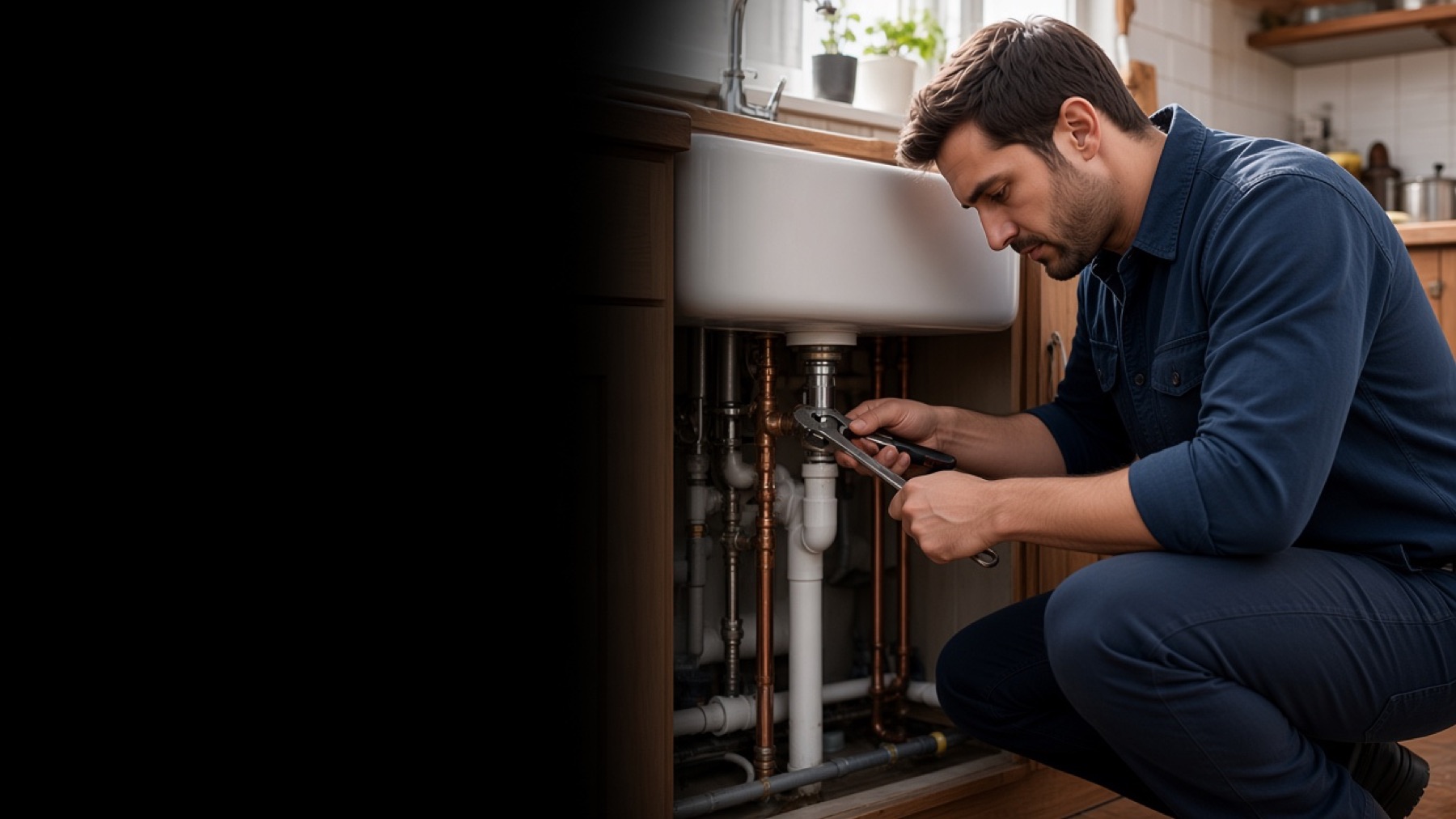 A plumber working on pipework under a sink