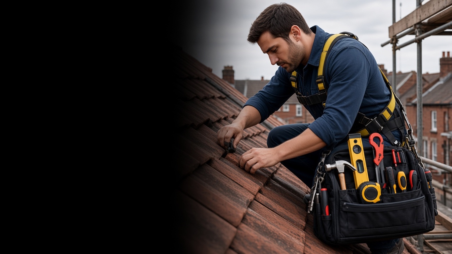 A roofer replacing tiles on a pitched roof