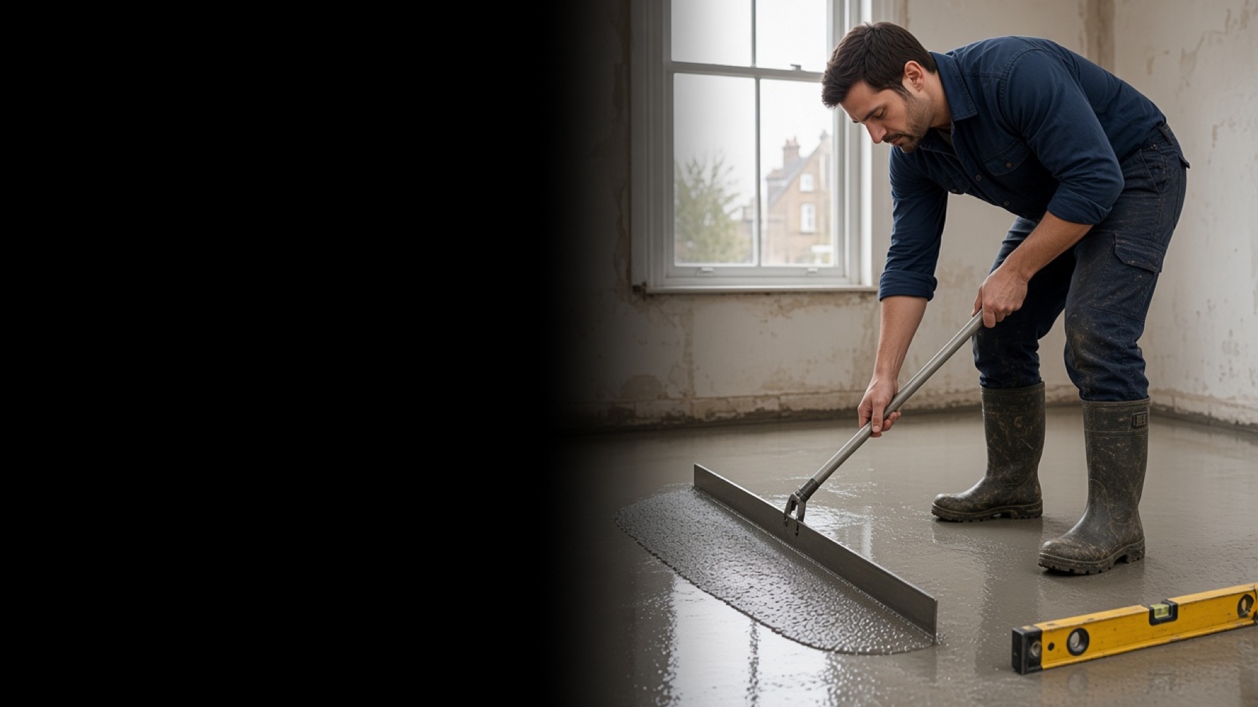 A floor layer pouring screed in an empty room